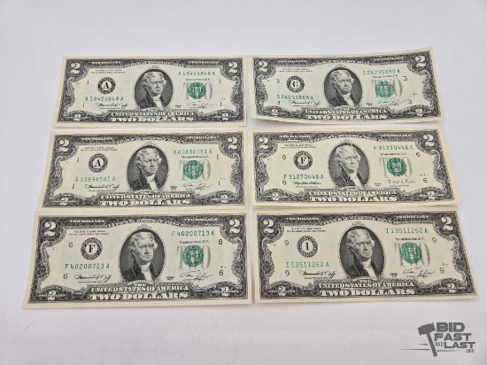 (1) 1995 & (5) 1976 $5 Green Seal U.S. Bills