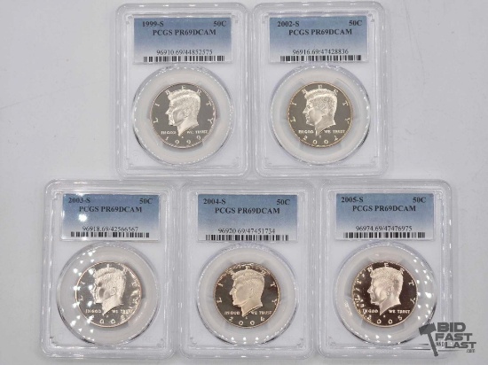 (5) 1999-2005 Graded Kennedy Half Dollars