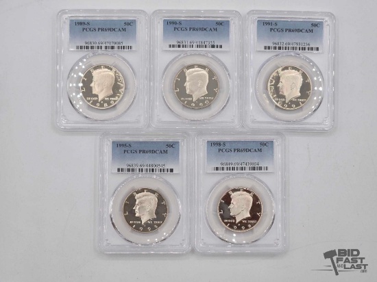 (5) 1989-1998 Graded Kennedy Half Dollars