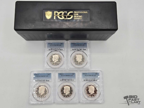 (5) 1977-1983 Graded Kennedy Half Dollars & PCGS Coin Storage Box