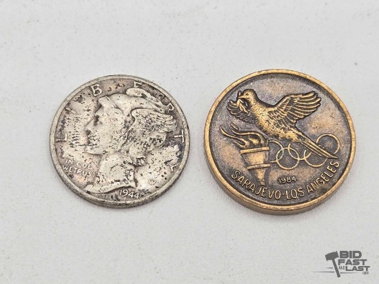 1944 Mercury Dime and 1984 Sarajevo Los Angeles Olympic Token