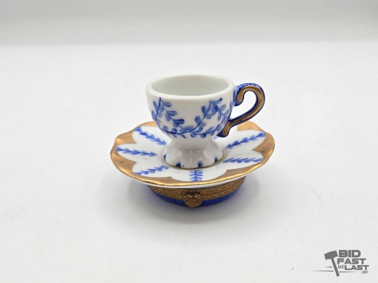 Blue & White Teacup with Saucer Limoges Trinket Box