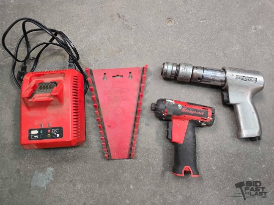 Snap-On Tools Air Hammer, Power Screwdriver, Lithium Battery Charger, and Blue-Point Wrench Rack