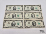 (1) 1995 & (5) 1976 $5 Green Seal U.S. Bills