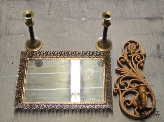 Mirrored Tray With Candle Sticks & Wall Mounted Candle Holder