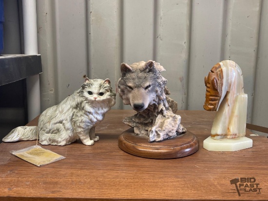 (3) Sculptures of Cat, Wolf and Horse