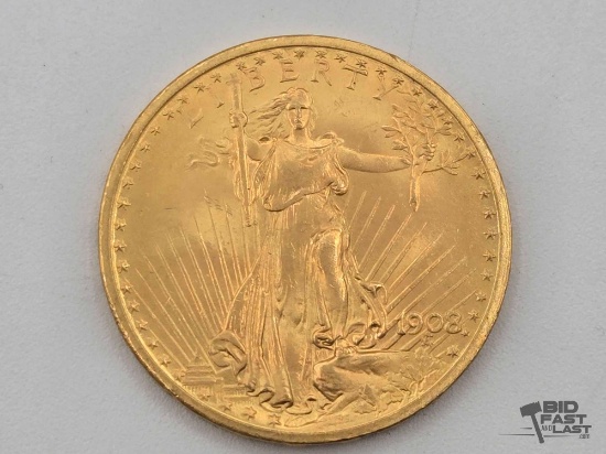 1908 $20 Dollar American Eagle Gold Coin, 33.41g