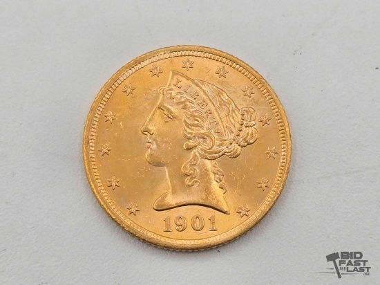 1901 $5 Dollar Liberty Gold Coin, 8.36g