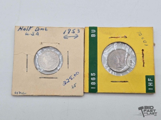 1853 Seated Liberty Half Dime & 1865 3 Cent Nickel Coin