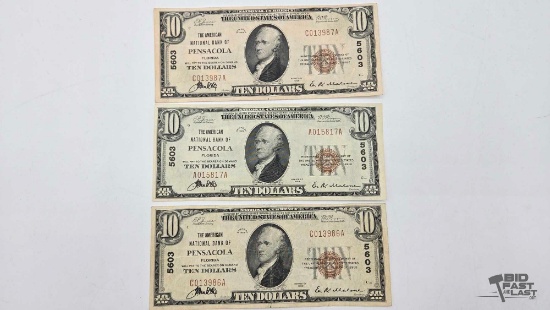(3) 1929 $10 Red Seal Dollar Banknote