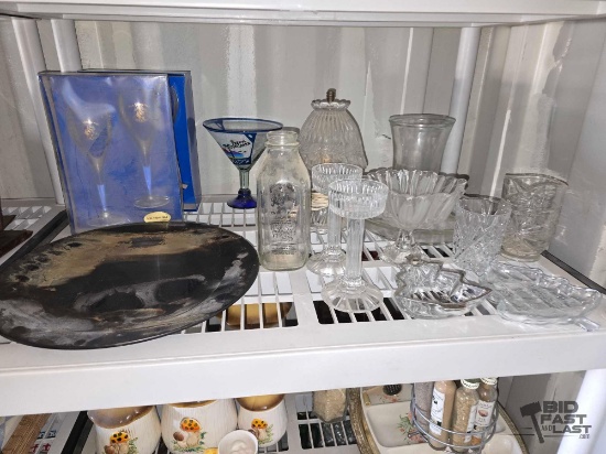 Glass Cups, Platter, Candy Dish, Milk Bottle, Lamp