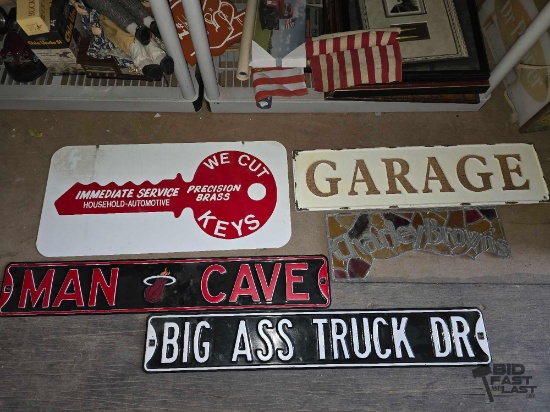 (4) Metal Signs and (1) Stained Glass Sign