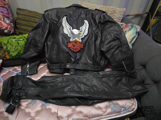 Harley Davidson Leather Jacket, Chaps, and Riding Gloves
