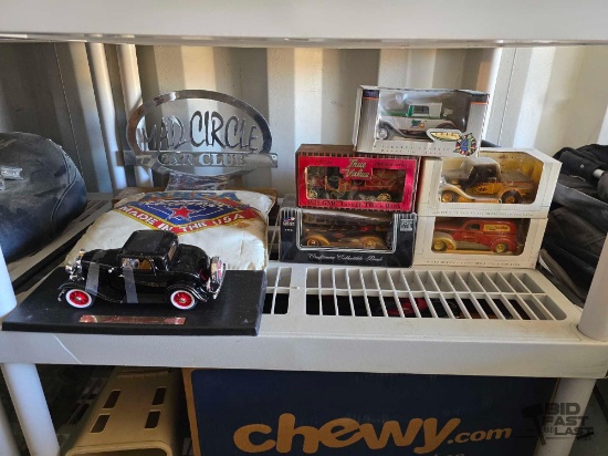 1932 Ford 3-Window Model Car, (5) Model Car Coin Banks, NHRA Pillow, Car Club Ensignia, Dodge