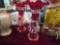 (2) Red Glass Vases W/ Hand Painted Patterns