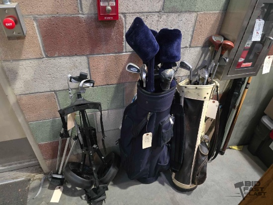 (2) Golf Bags with Golf Clubs, Golf Pull Cart, and Golf Bag Stand