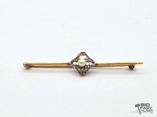 18K Gold Diamond & Pearl Pin, 3.77g