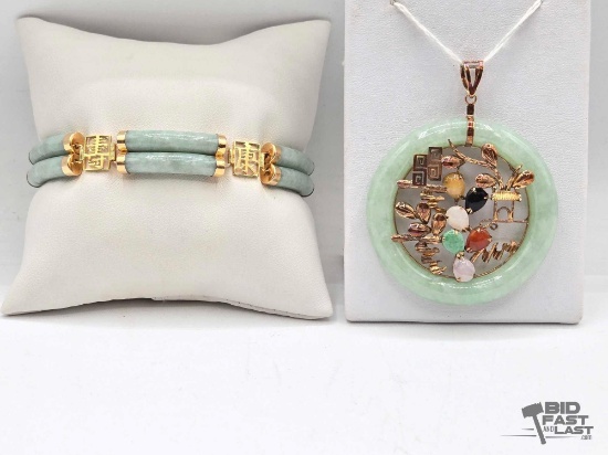 14K Gold Accent Jade Bracelet & Pendant with Semi-Precious Stones, 38.24g