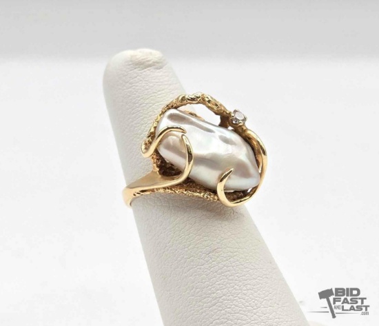 14K Gold Pearl & Diamond Ring, 6g