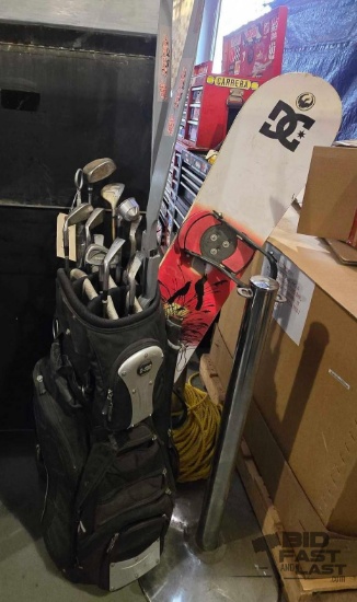 Golf Bag, Gold Clubs, (2) Bows and Snowboard