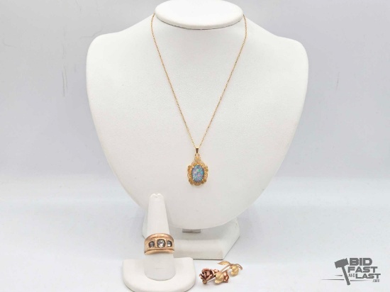 Gold Filled Necklace, Rings and Rose Pin, 19.43g