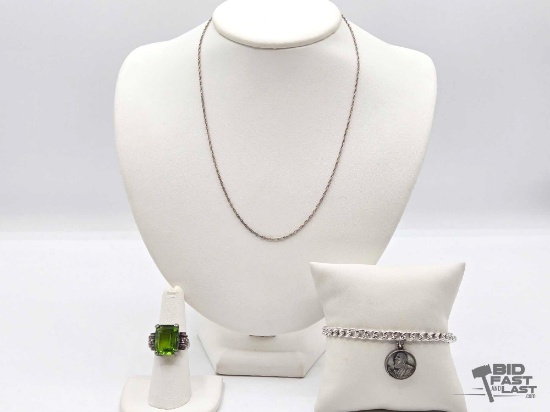 Sterling Silver Necklace, Ring & Bracelet with Pendant, 22.77g
