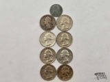 (8) Pre 1964 Washington Quarters & Silver Wheat Penny, 49.91g