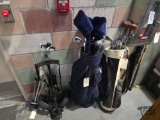 (2) Golf Bags with Golf Clubs, Golf Pull Cart, and Golf Bag Stand