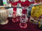 (2) Red Glass Vases W/ Hand Painted Patterns