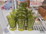 Olive Green Glass Pitcher & (11) Cups