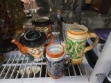 (5) Ceramic Steins, Tea Pot & Container