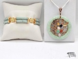 14K Gold Accent Jade Bracelet & Pendant with Semi-Precious Stones, 38.24g