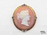 14K Gold & Semi-Precious Stones Cameo Pin, 11.30g