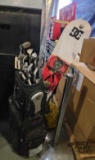 Golf Bag, Gold Clubs, (2) Bows and Snowboard