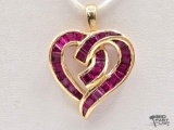 14K Gold Baguette Rubies Heart Pendant, 2.90g