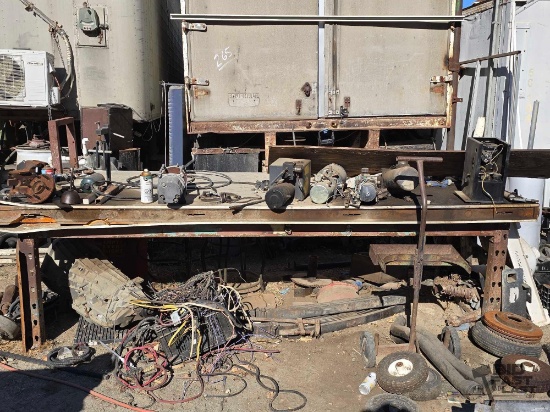 10' Work Bench with Littlestown Bench Vise, Leaf Springs, Paint Sprayer, Winch, Flywheels