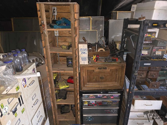 Power Tools, Battery Packs, Husky Toolbox, Tape Measures, Wooden Cabinets