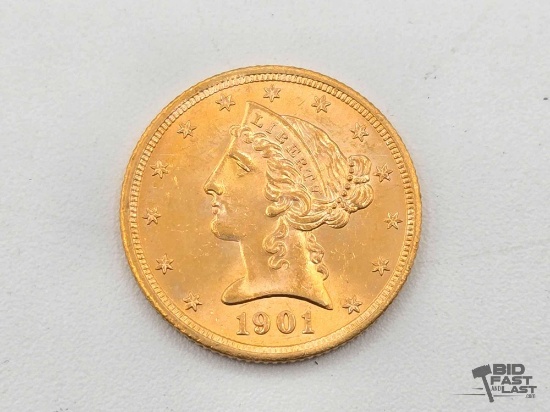 1901 $5 Dollar Liberty Gold Coin, 8.36g