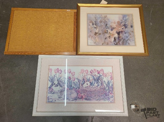 (2) Signed Framed Prints and (1) Bulletin Board
