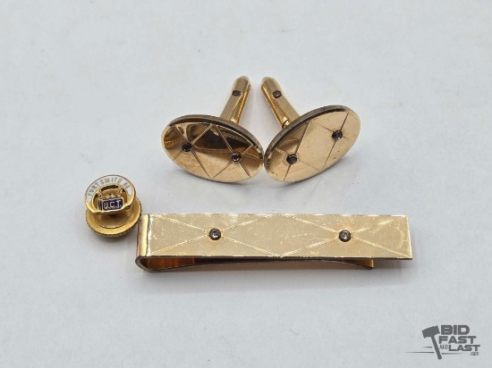 14K/10K Rolled Gold Plated Cufflinks, Tie Clip & Pin, 21.23g