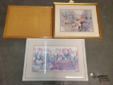 (2) Signed Framed Prints and (1) Bulletin Board