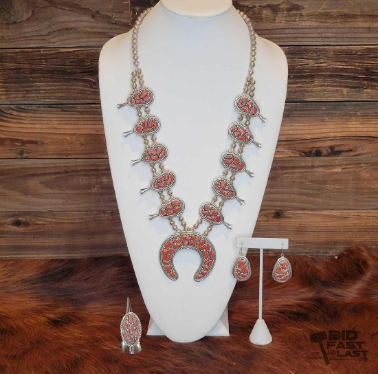 Coral Cluster Squash Blossom Set By Evelyn Yazzie