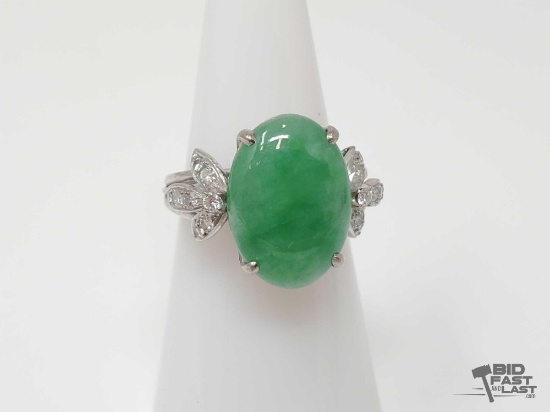 14k White Gold Jadite Ring with Diamond Accents, 8g