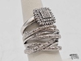 Sterling Silver Diamond Cluster Ring & Stacked Ring, 11.98g