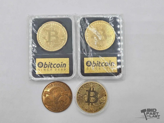 (3) Bitcoin Tokens & (1) Superbowl XXXIII Coin