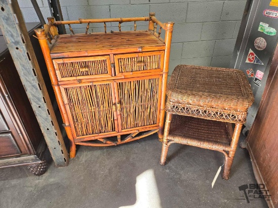 Bamboo Cabinet & Wicker Stool