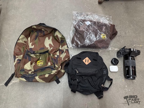 Minolta Camera, AirPods, Headphones & Backpacks