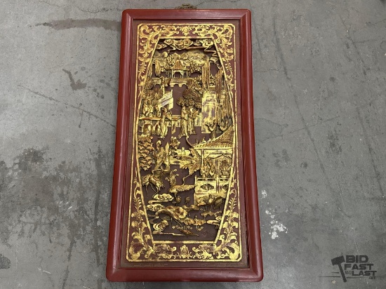 Wooden Carved Gold Toned Oriental Style Panel