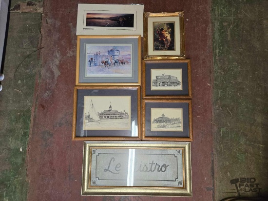 (7) Collection of Framed Artworks Featuring Various Themes