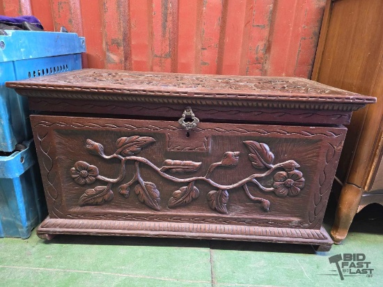 Hand-Carved Wooden Chest with Floral Design